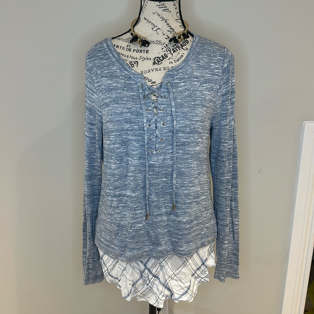 WHBM Heather Blue Plaid Hem Knit Sweater Size M